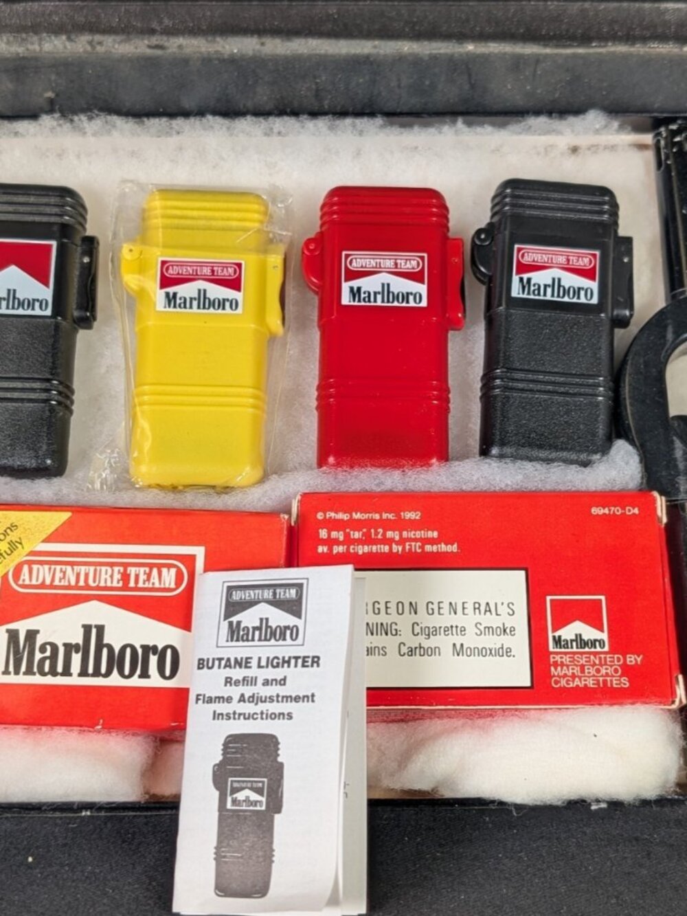 5 Vtg Marlboro Adventure Team Lighters-Red, Yellow & 2 Black  w/  BBQ Lighter!